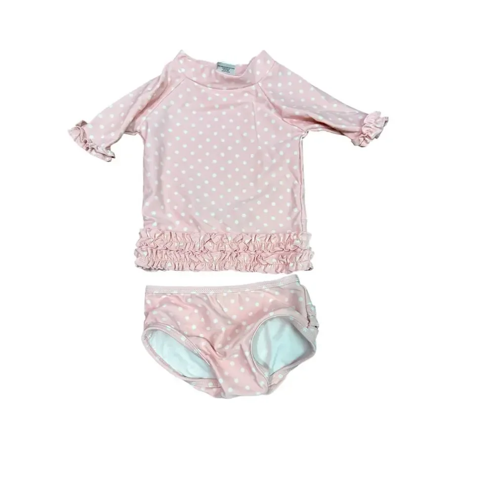 RuffleButts Pink Polka Dot Ruffled Rash Guard Bikini 6-12 months